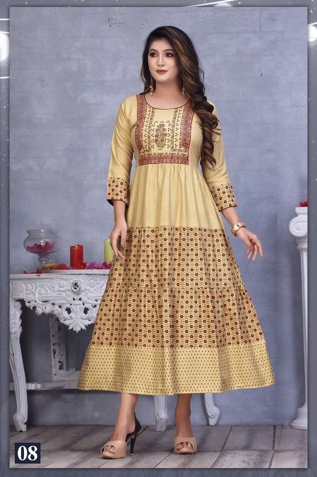 GOLDEN MOMENTS PRESENT HEAVY REYON PRINTED AND STYLISH FLAIR KURTI ON WHOLESALE