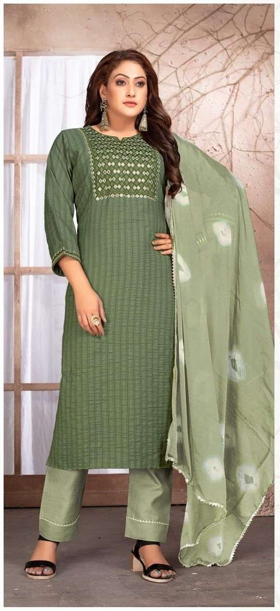 Green Toamto Presenting 3 Piece Set Fancy  Work Kurti  
