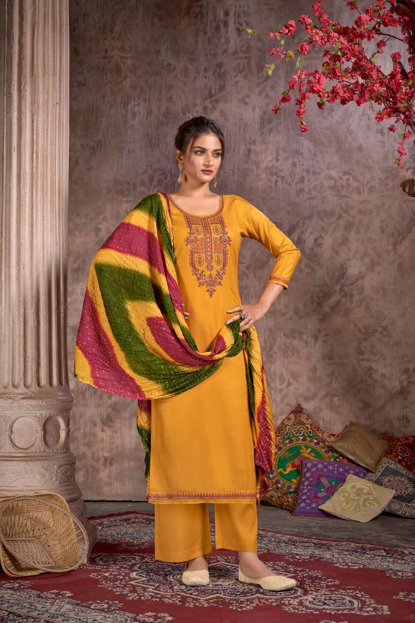 Hermitage Clothing Bandhej Pure Viscose Slub Reyon With Swarovski Embroidery on Top Daman & Sleeves On Wholesale 