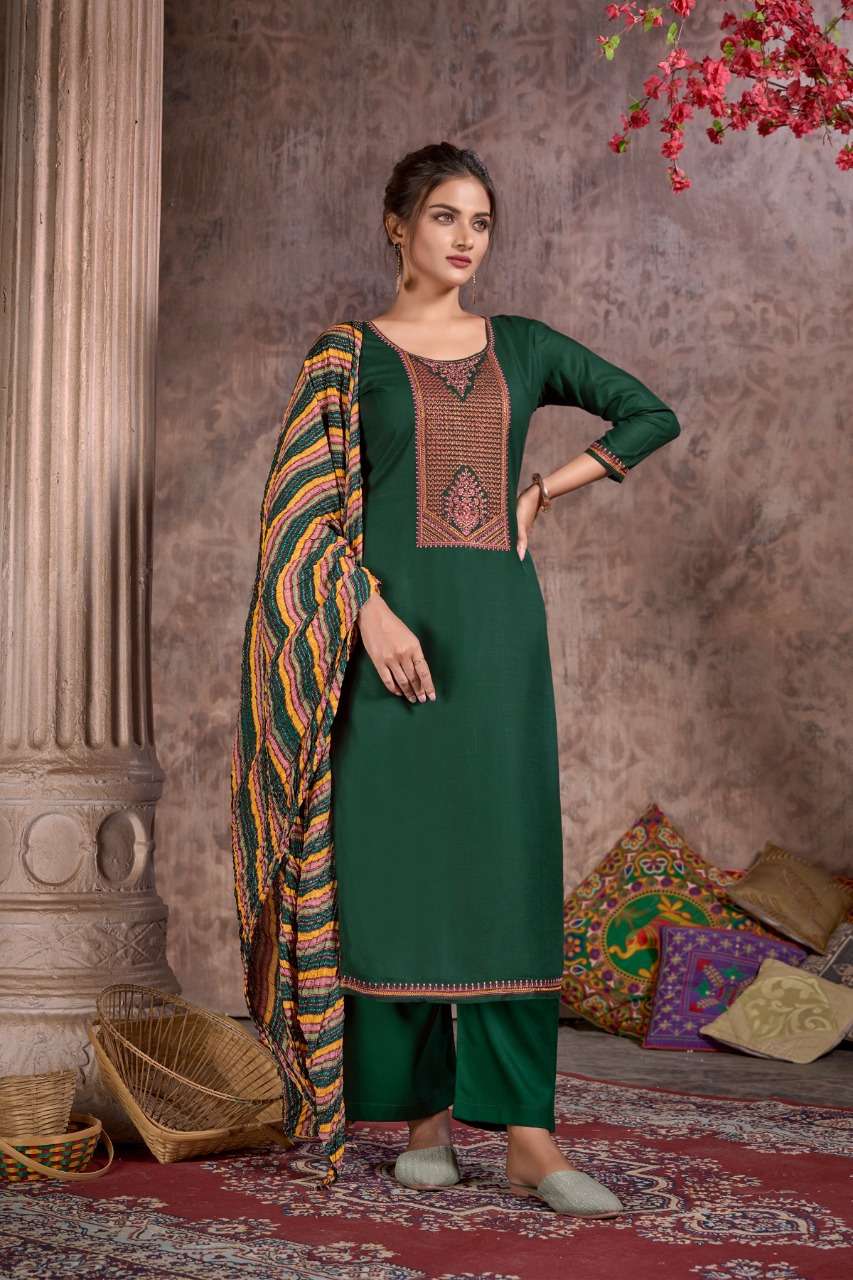 Hermitage Clothing Bandhej Pure Viscose Slub Reyon With Swarovski Embroidery on Top Daman & Sleeves On Wholesale 