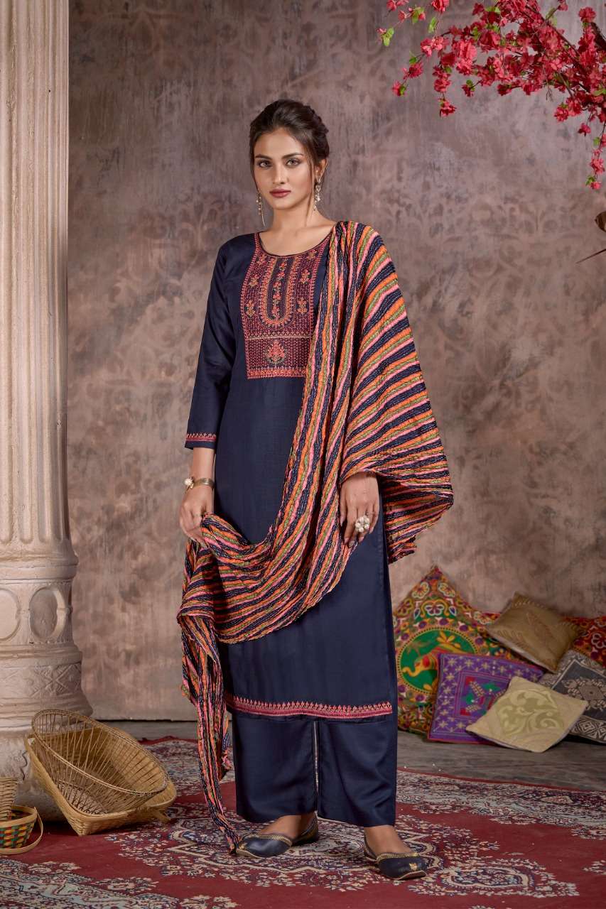 Hermitage Clothing Bandhej Pure Viscose Slub Reyon With Swarovski Embroidery on Top Daman & Sleeves On Wholesale 