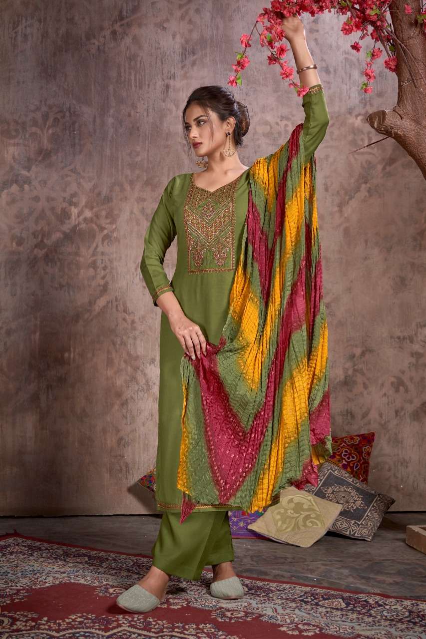 Hermitage Clothing Bandhej Pure Viscose Slub Reyon With Swarovski Embroidery on Top Daman & Sleeves On Wholesale 