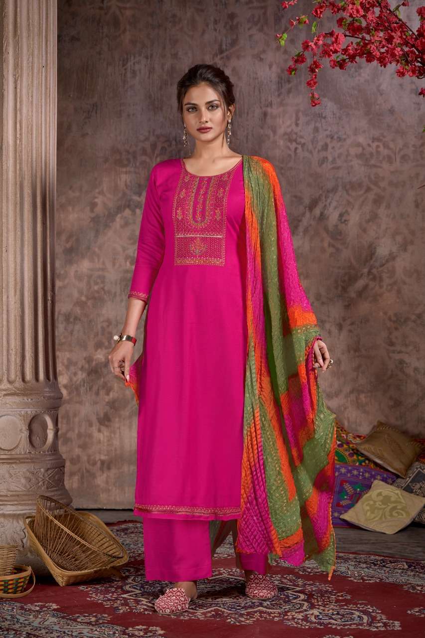 Hermitage Clothing Bandhej Pure Viscose Slub Reyon With Swarovski Embroidery on Top Daman & Sleeves On Wholesale 