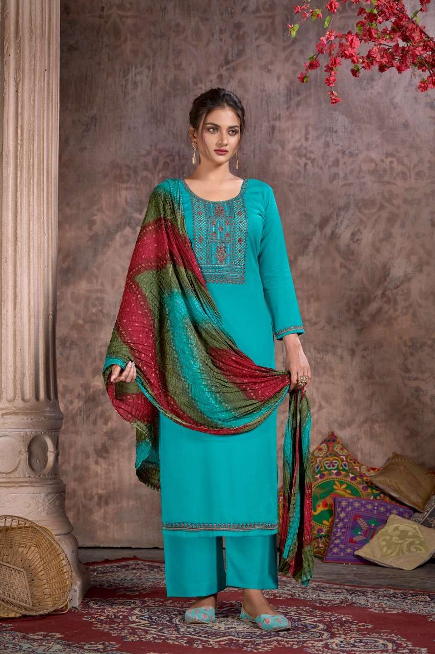 Hermitage Clothing Bandhej Pure Viscose Slub Reyon With Swarovski Embroidery on Top Daman & Sleeves On Wholesale 