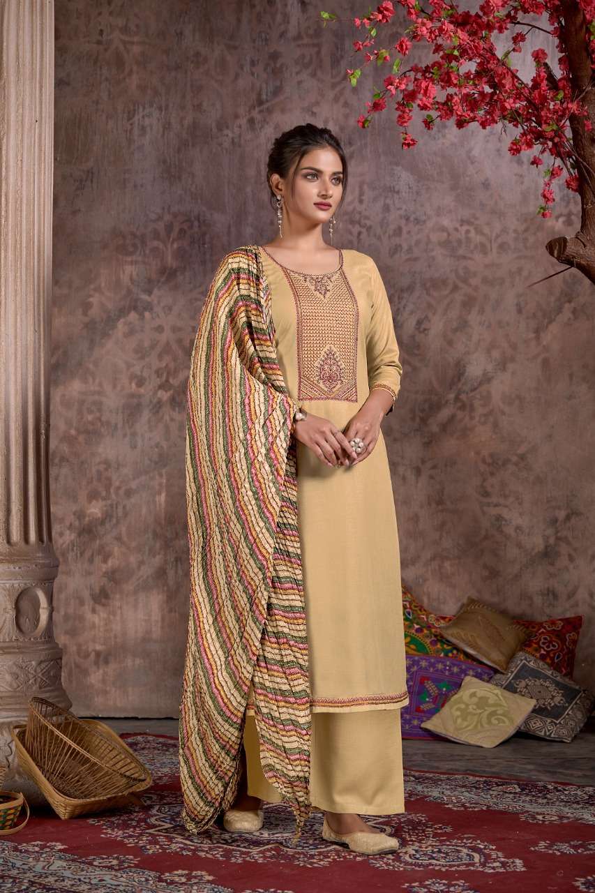 Hermitage Clothing Bandhej Pure Viscose Slub Reyon With Swarovski Embroidery on Top Daman & Sleeves On Wholesale 