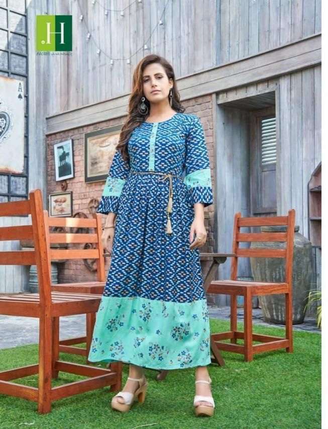  HIRWA PRESENTS Golden Ikkat VOL.1 Anarkali Kurti With Heavy Rayon Print