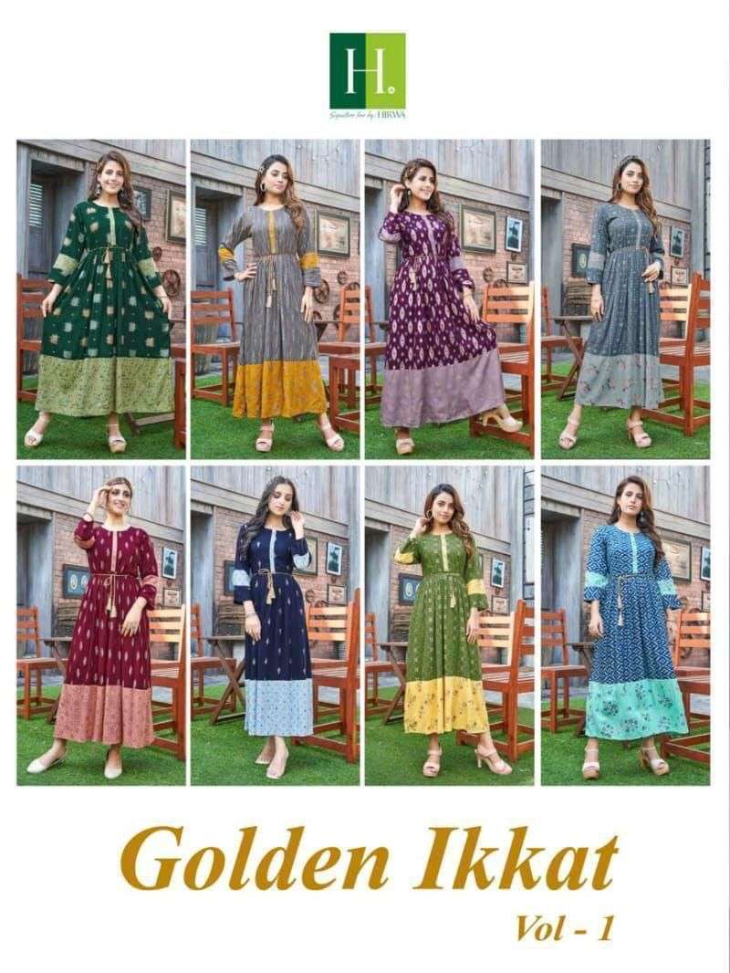  HIRWA PRESENTS Golden Ikkat VOL.1 Anarkali Kurti With Heavy Rayon Print