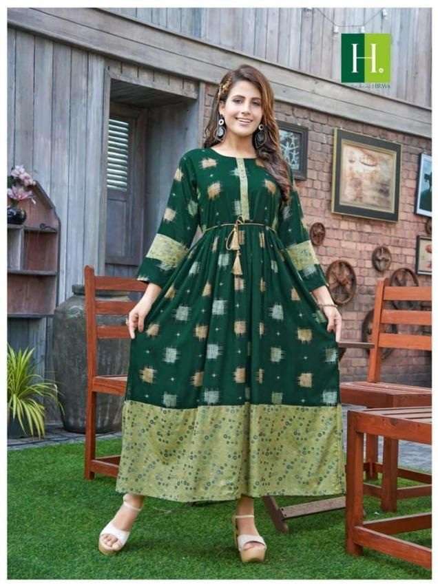  HIRWA PRESENTS Golden Ikkat VOL.1 Anarkali Kurti With Heavy Rayon Print