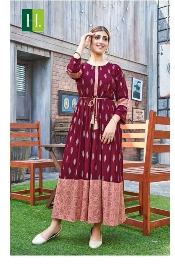  HIRWA PRESENTS Golden Ikkat VOL.1 Anarkali Kurti With Heavy Rayon Print