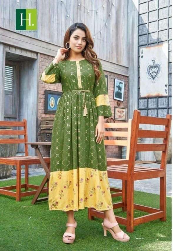  HIRWA PRESENTS Golden Ikkat VOL.1 Anarkali Kurti With Heavy Rayon Print