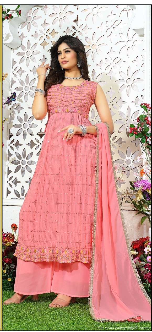 Maria Present New Design In Nayra Cut Kurti Plazzo On Pure Georgette With Four Side Lace On Dupatta on Wholesale   