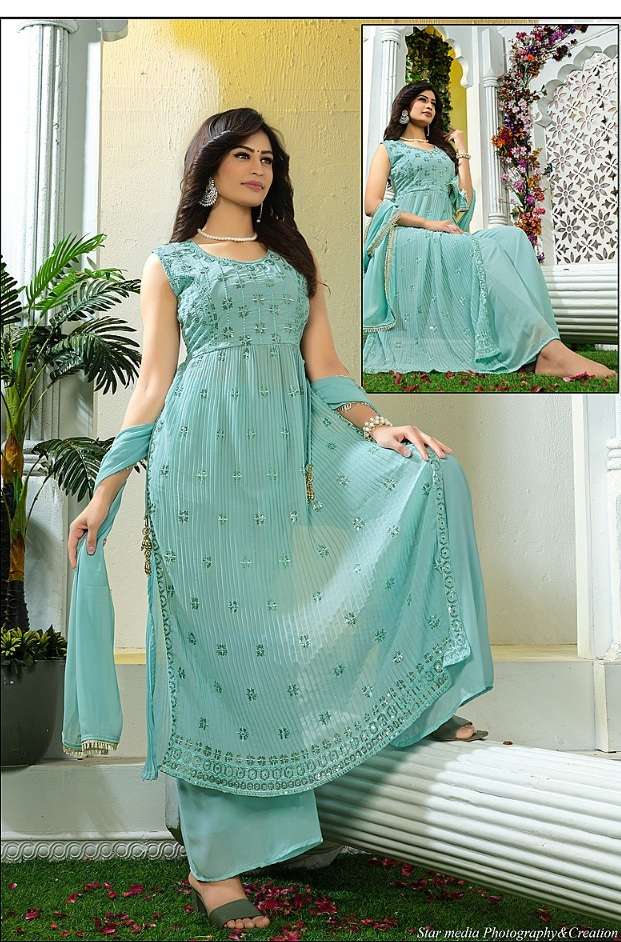 Maria Present New Design In Nayra Cut Kurti Plazzo On Pure Georgette With Four Side Lace On Dupatta on Wholesale   