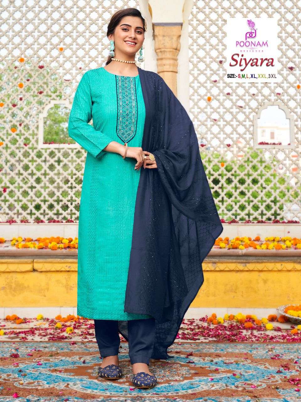 Poonam Present Siyara Heavy  Kurti Pant With Duptta Embroidery Work On Wholesale