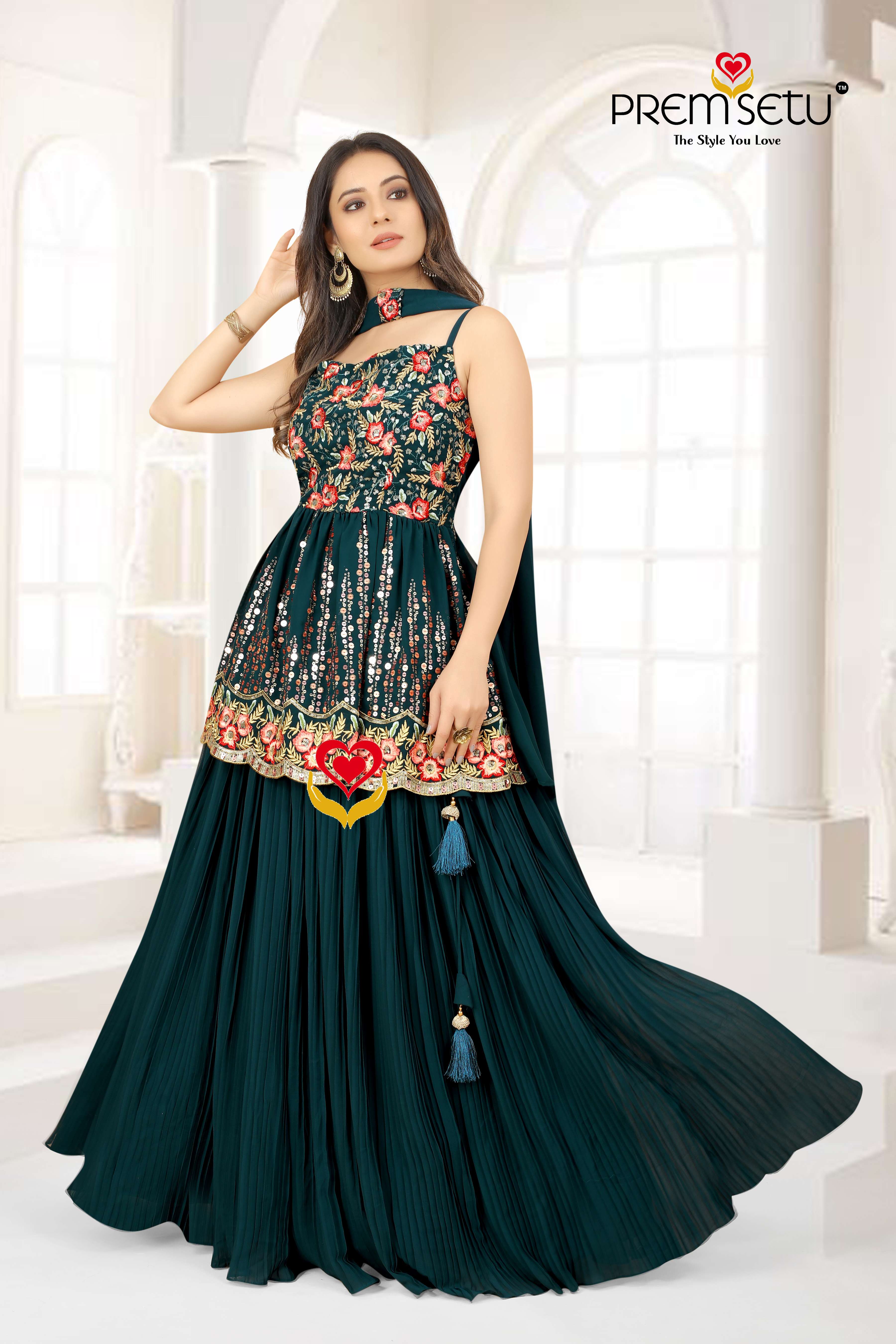 Premsetu Heavy Embroidery work peplum style set with stylish dupatta and plitted skirt wholesale catelogue