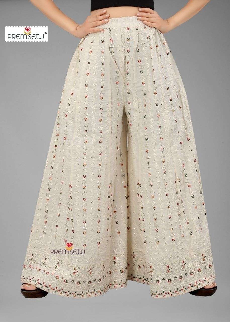 Premsetu Off White Heavy Embroidered Full Flared Kali Plazo in Wholesale Single Available