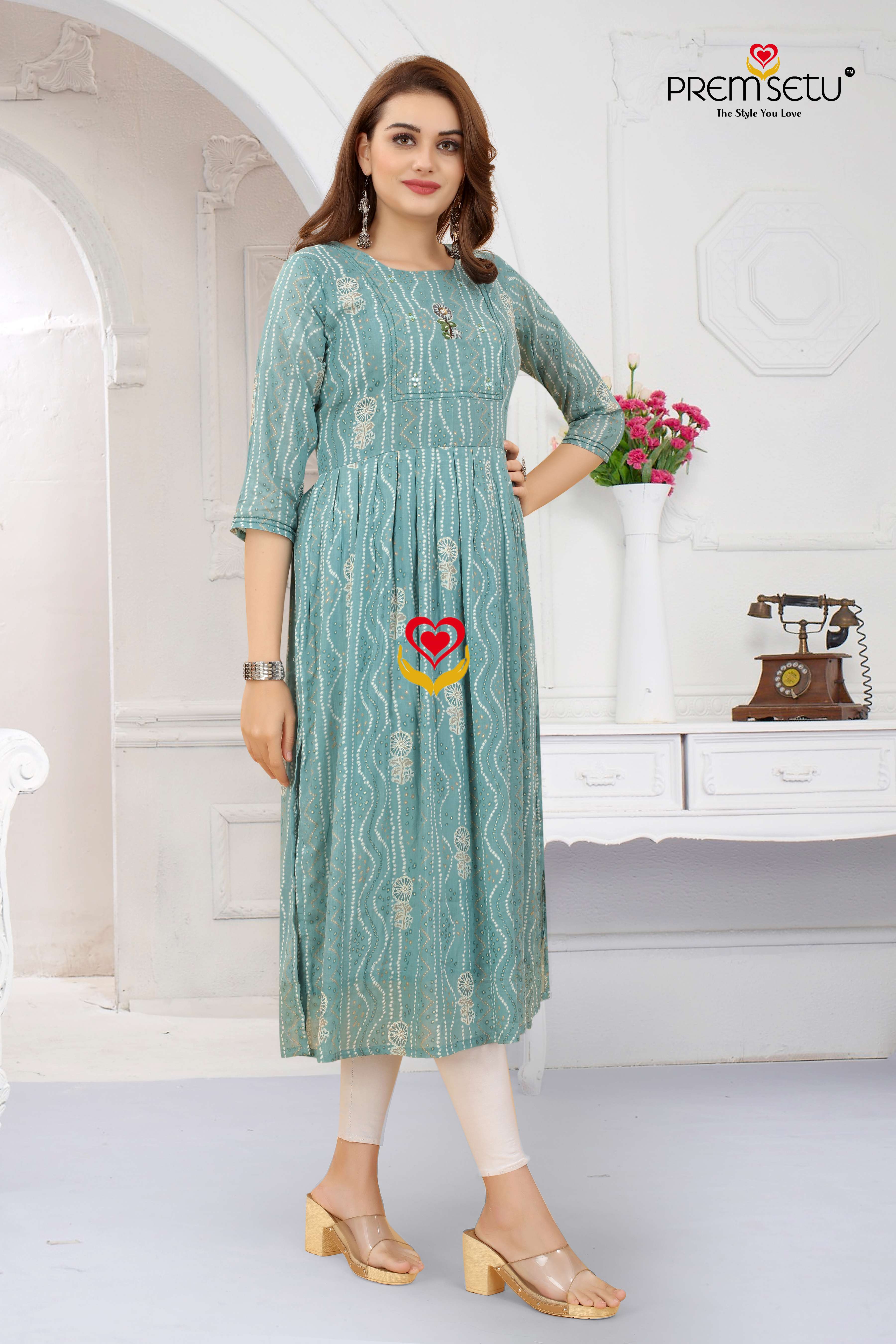  Premsetu Present Khatli Work Light Blue Naira Cut Kurtis Wholesale At Wholesale Catalog  