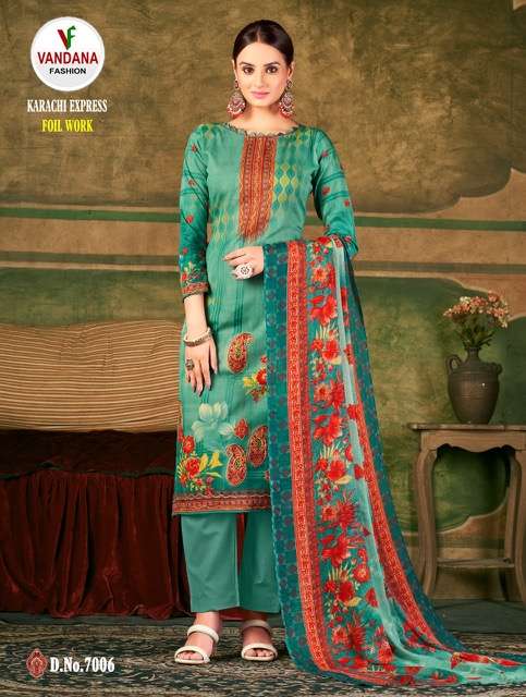 Vandana Present Karachi Express On Pure Soft Cotton Digital Print With Fancy Foil Work Dress Material On Wholesale 