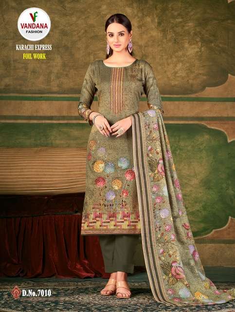 Vandana Present Karachi Express On Pure Soft Cotton Digital Print With Fancy Foil Work Dress Material On Wholesale 