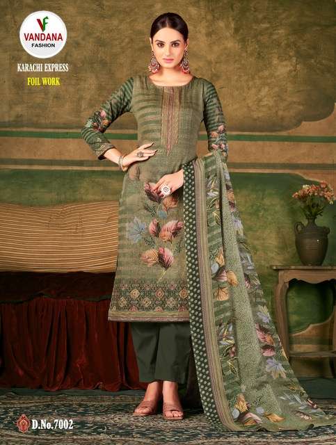 Vandana Present Karachi Express On Pure Soft Cotton Digital Print With Fancy Foil Work Dress Material On Wholesale 