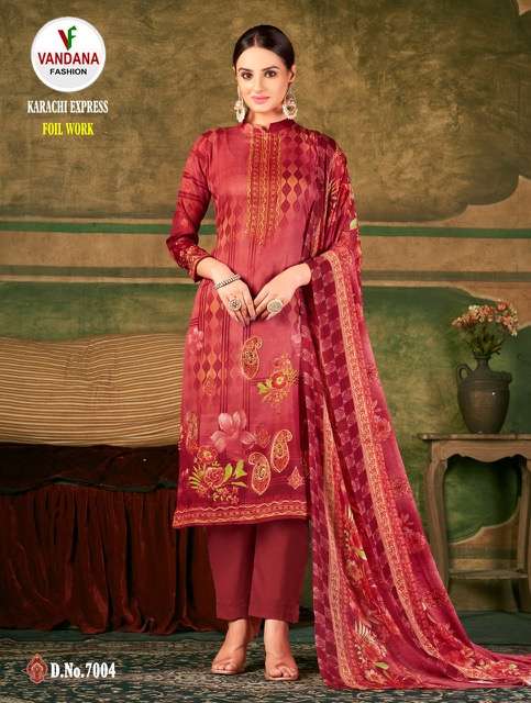 Vandana Present Karachi Express On Pure Soft Cotton Digital Print With Fancy Foil Work Dress Material On Wholesale 