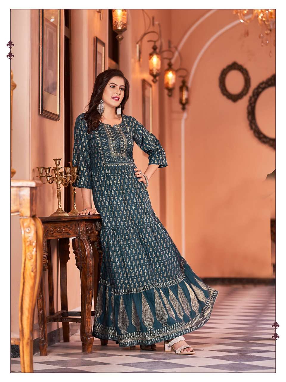   Banwery Fashion Present Sukumari Foil Print With 3 lair Flair Gown On Wholesale