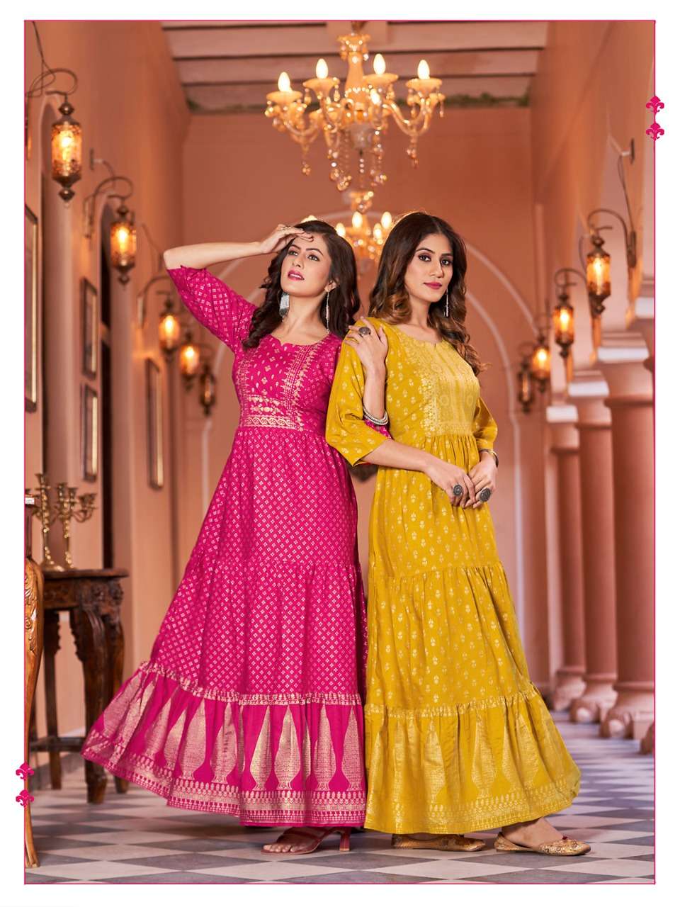   Banwery Fashion Present Sukumari Foil Print With 3 lair Flair Gown On Wholesale