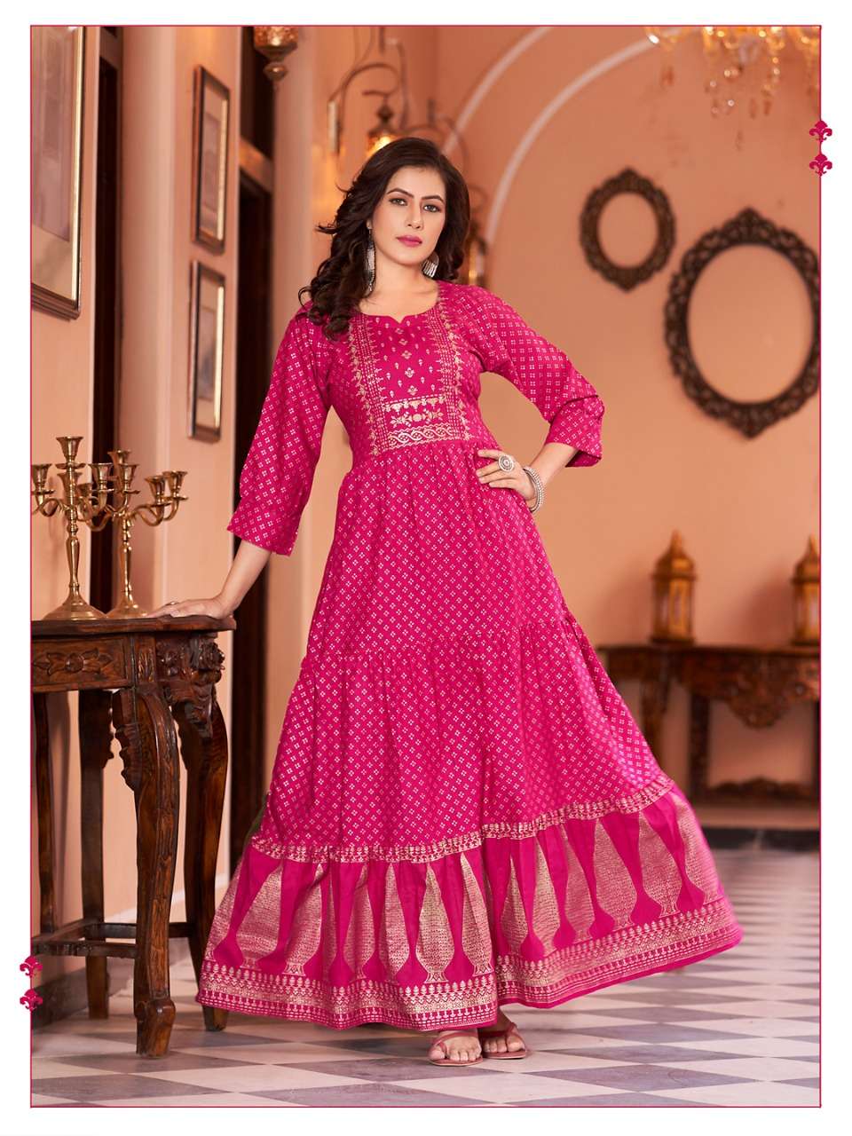   Banwery Fashion Present Sukumari Foil Print With 3 lair Flair Gown On Wholesale