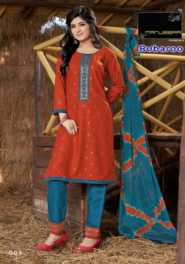 Manjeera RUBAROO Kurti Pant With Dupatta On Wholesale