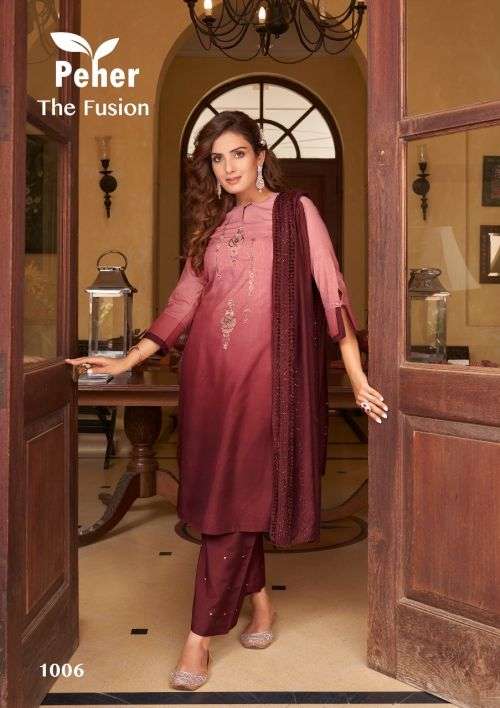 Peher The Fusion Fancy Kurti With Bottom Dupatta Collection On Wholesale
