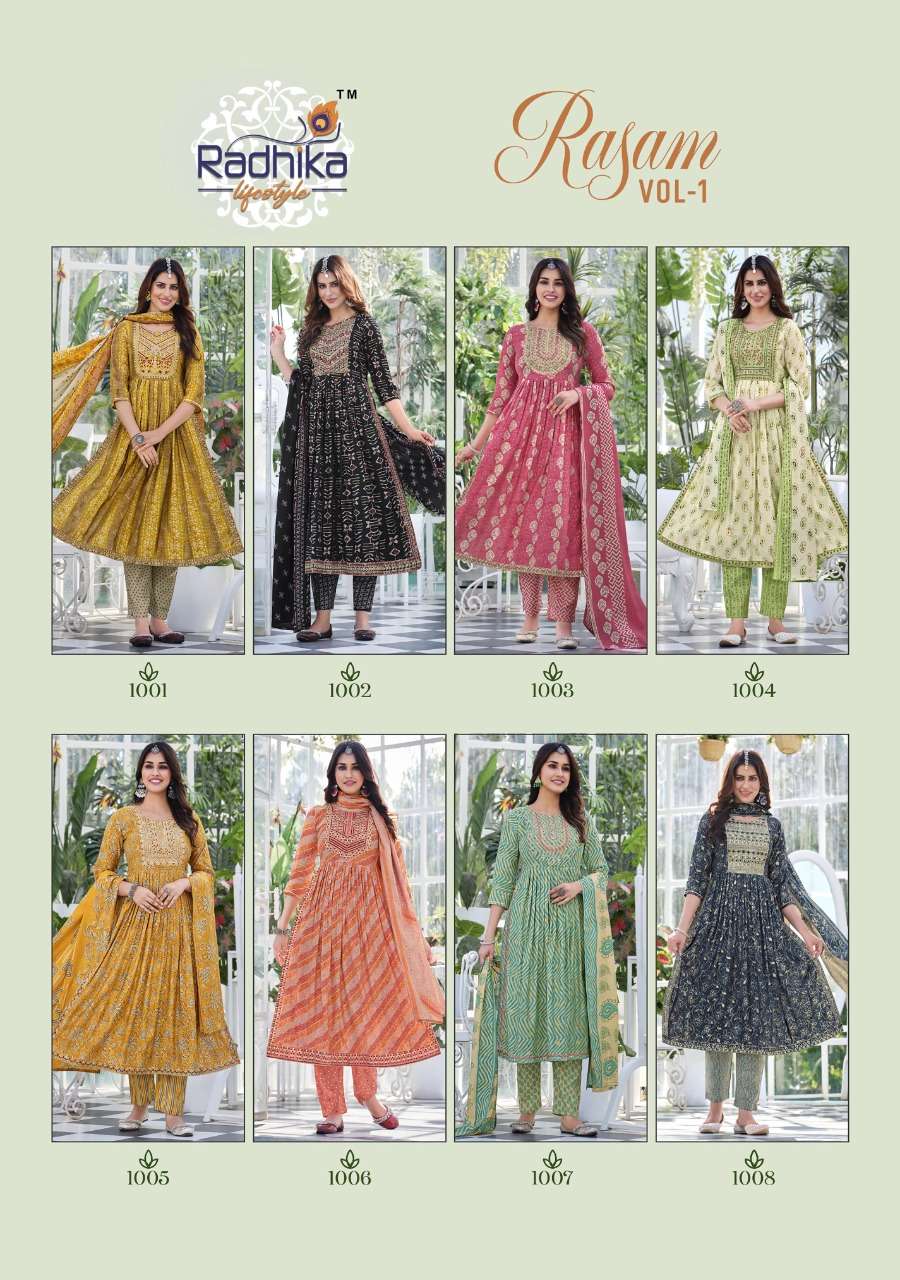 Radhika Lifestyle Rasam Vol 1 Nayra Cut Kurti Pant With Dupatta On Wholesale