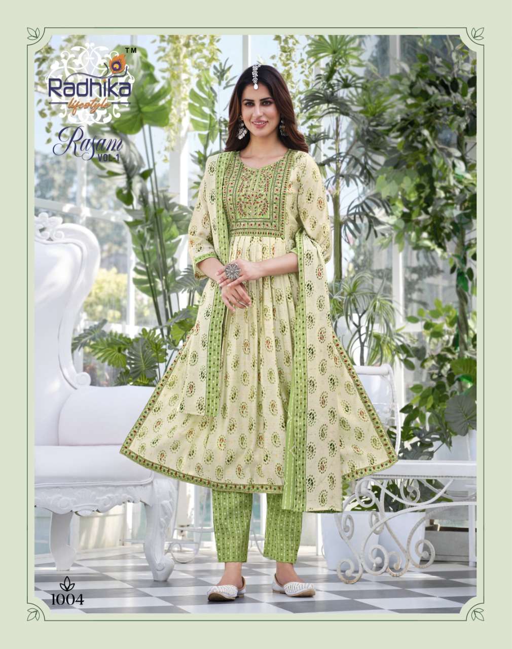 Radhika Lifestyle Rasam Vol 1 Nayra Cut Kurti Pant With Dupatta On Wholesale