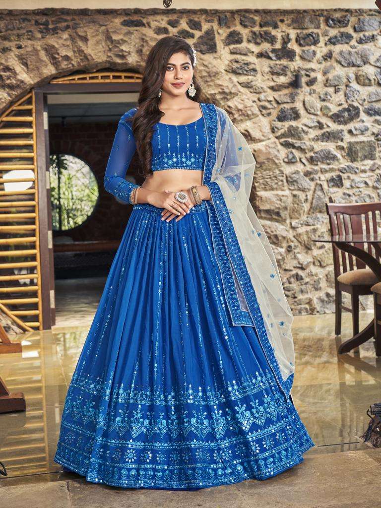  Royal Blue Sequin Embroidered Georgette Lehenga Choli Collection On Wholesale