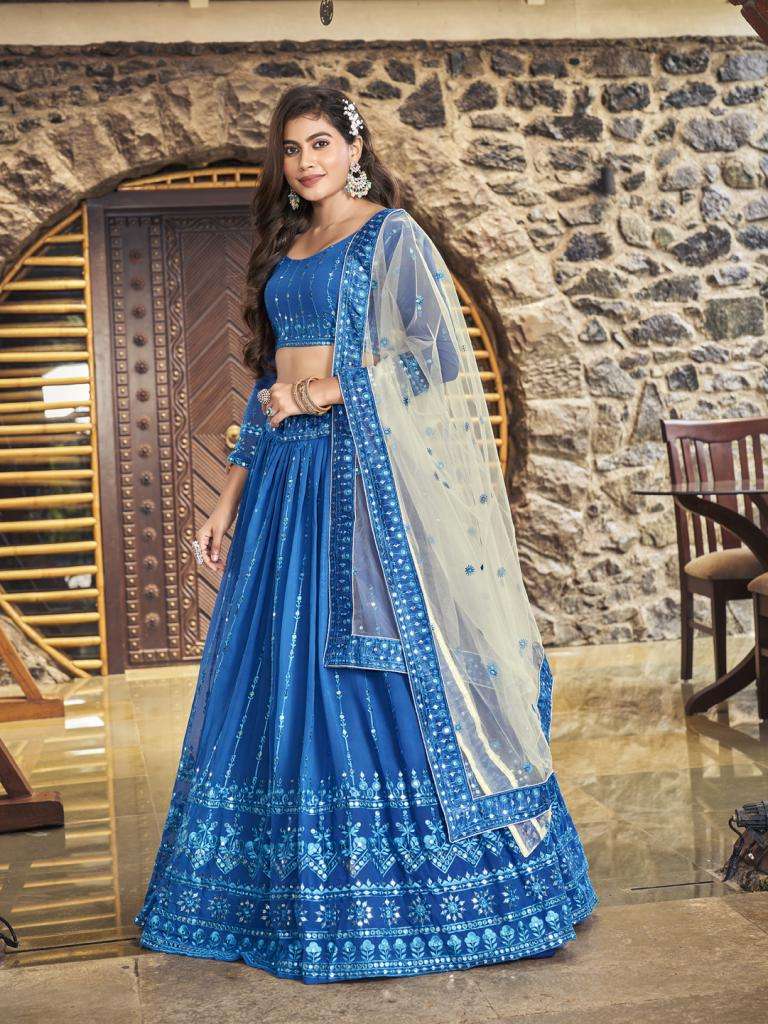  Royal Blue Sequin Embroidered Georgette Lehenga Choli Collection On Wholesale
