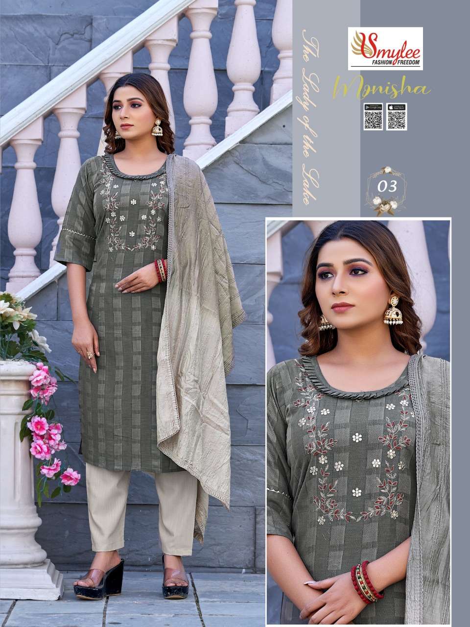 Rung Monisha Kurti With Pant  & Dupatta On Heavy  Bombay Wiving  Rayon With Heavy Handwork On Wholesale