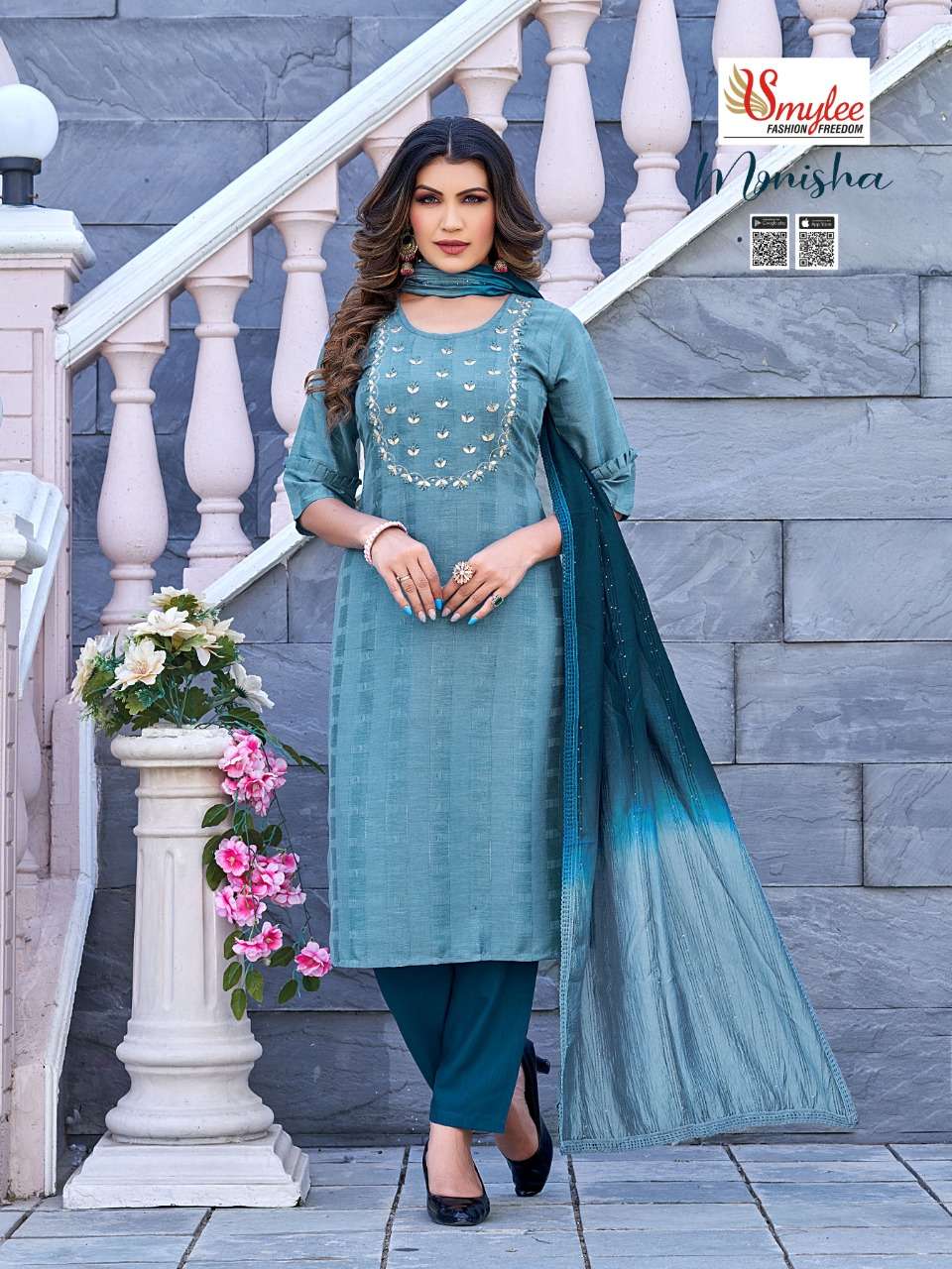 Rung Monisha Kurti With Pant  & Dupatta On Heavy  Bombay Wiving  Rayon With Heavy Handwork On Wholesale