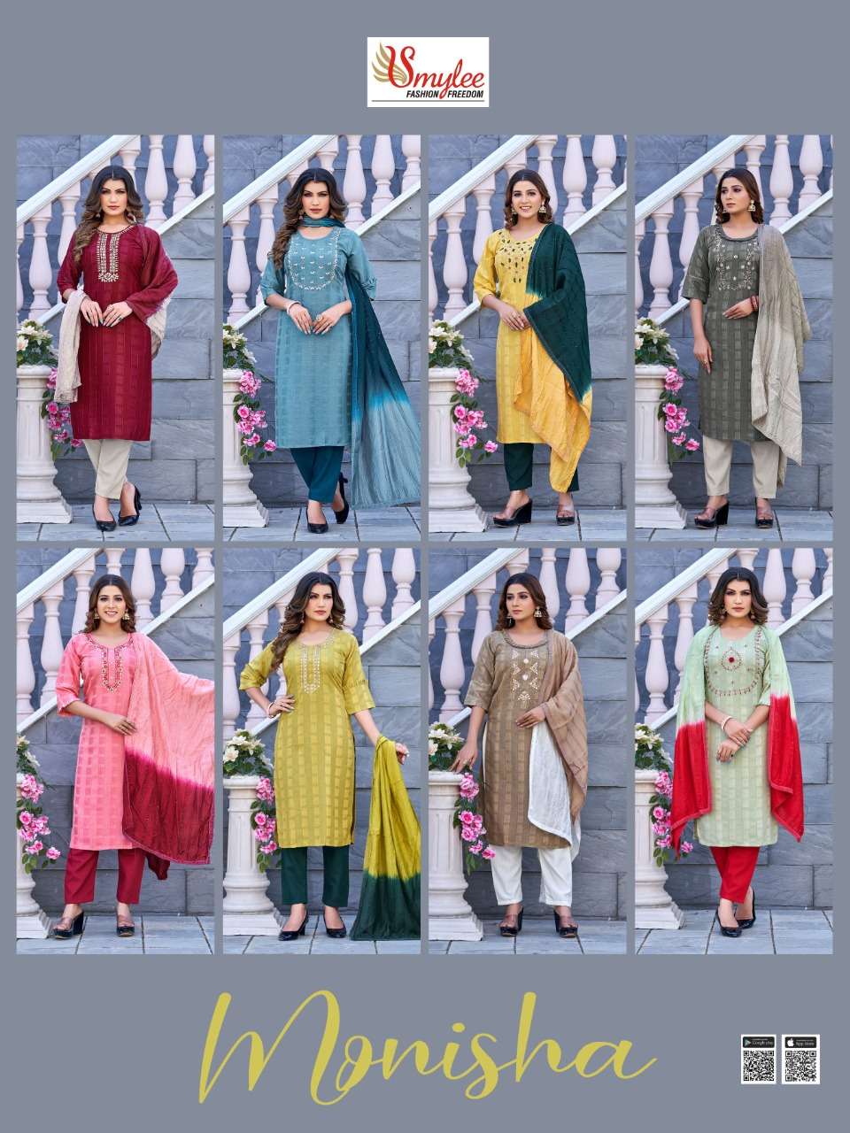 Rung Monisha Kurti With Pant  & Dupatta On Heavy  Bombay Wiving  Rayon With Heavy Handwork On Wholesale