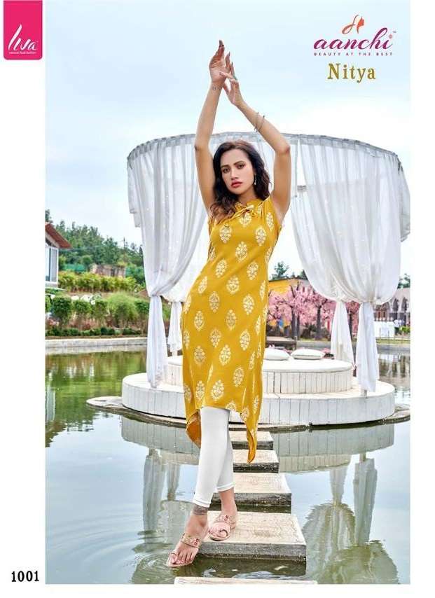 Aanchi Nitya Liva Rayon Printed Stylish Kurti With Pocket Top On Wholesale