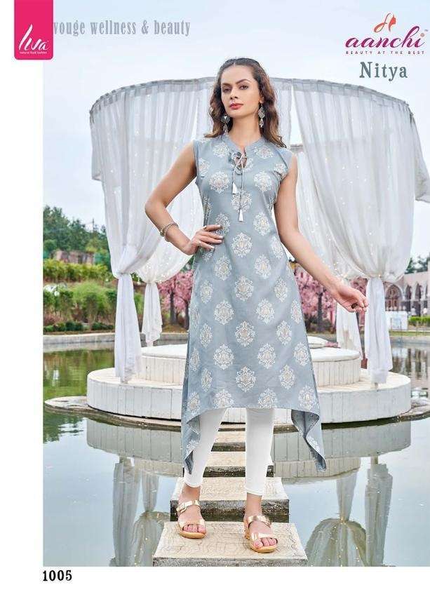 Aanchi Nitya Liva Rayon Printed Stylish Kurti With Pocket Top On Wholesale