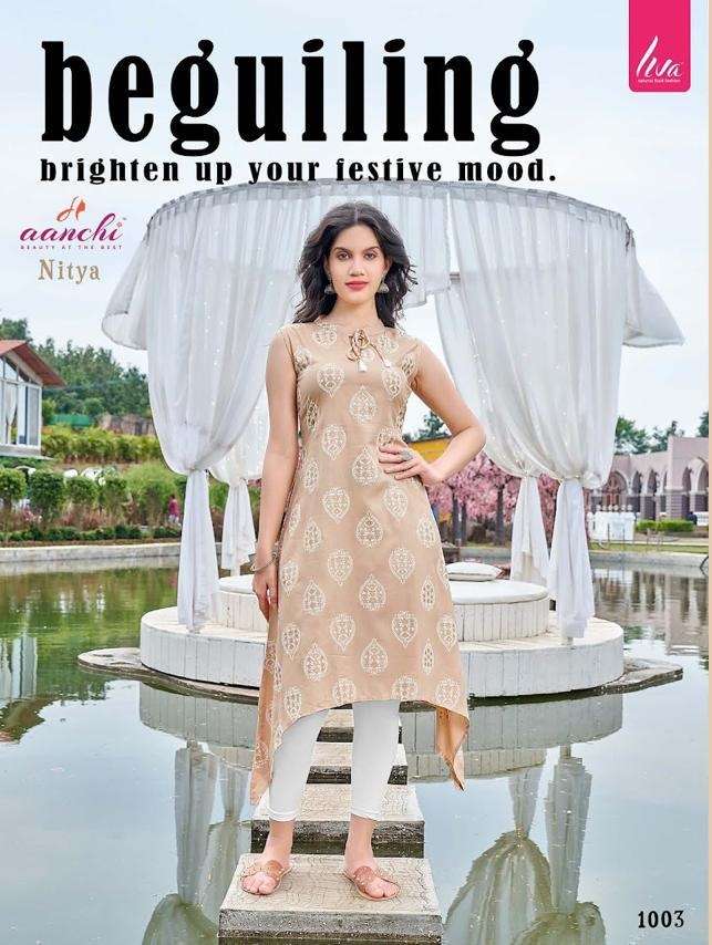 Aanchi Nitya Liva Rayon Printed Stylish Kurti With Pocket Top On Wholesale