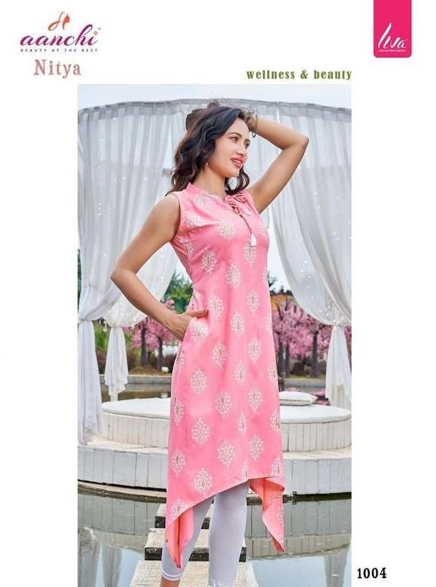 Aanchi Nitya Liva Rayon Printed Stylish Kurti With Pocket Top On Wholesale