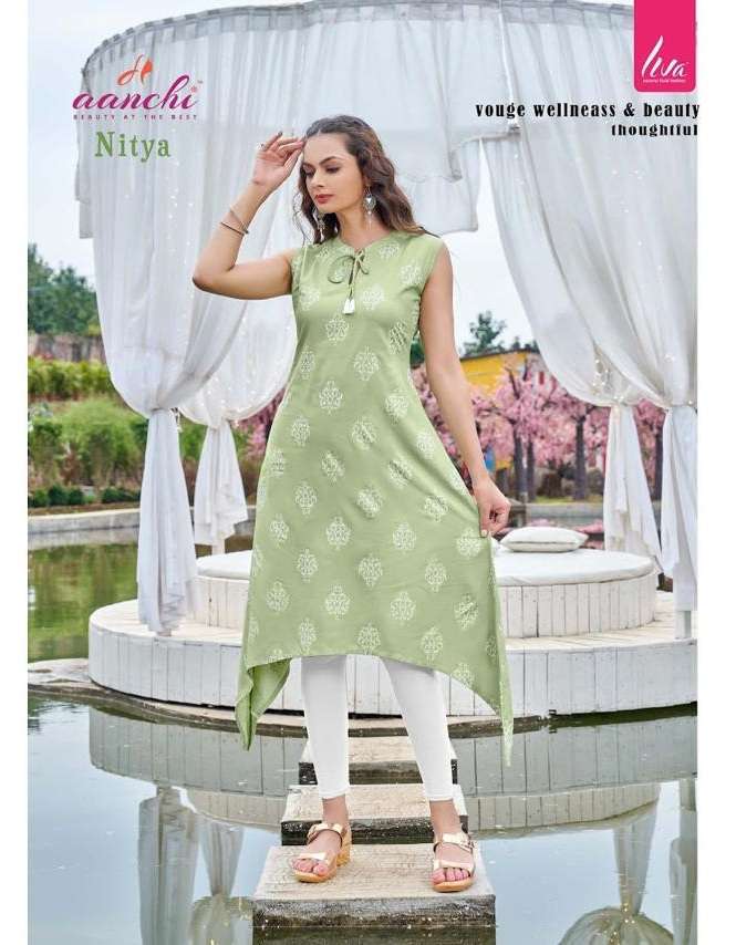 Aanchi Nitya Liva Rayon Printed Stylish Kurti With Pocket Top On Wholesale