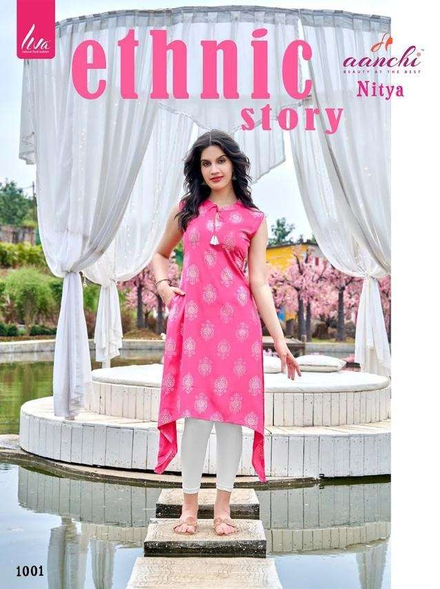 Aanchi Nitya Liva Rayon Printed Stylish Kurti With Pocket Top On Wholesale