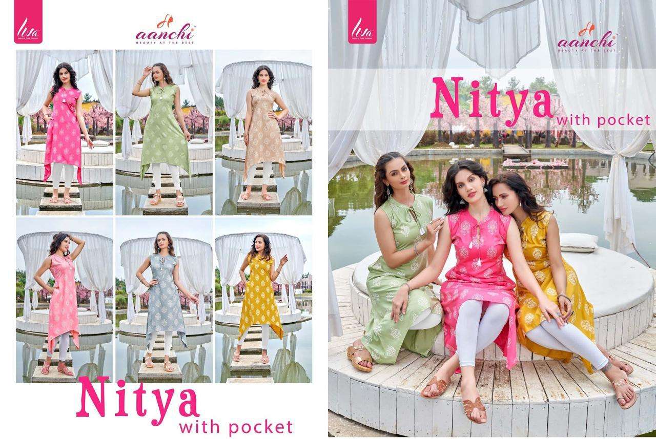 Aanchi Nitya Liva Rayon Printed Stylish Kurti With Pocket Top On Wholesale