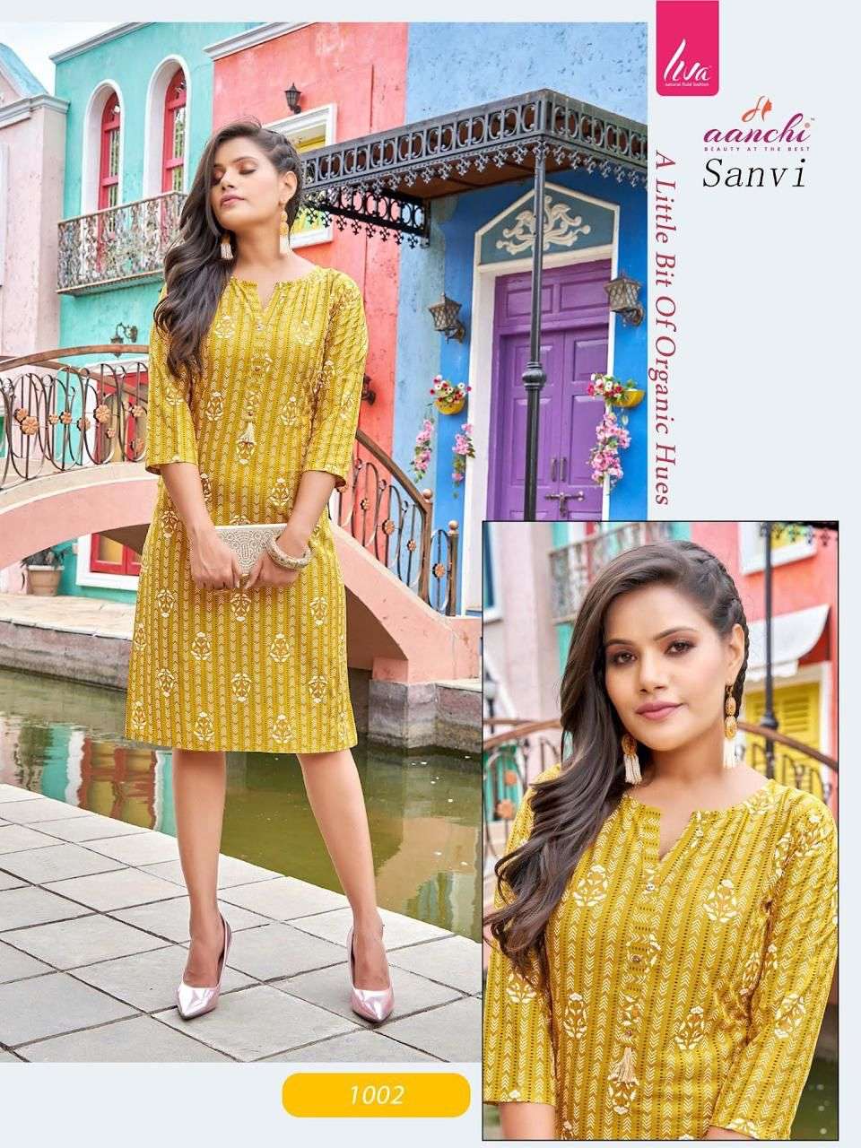 Aanchi Sanvi Liva Rayon Printed Knee Length Top Stright Kurtis On Wholesale