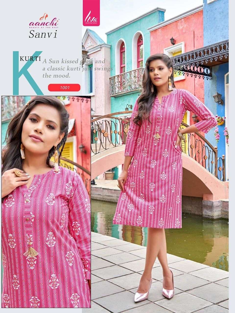 Aanchi Sanvi Liva Rayon Printed Knee Length Top Stright Kurtis On Wholesale