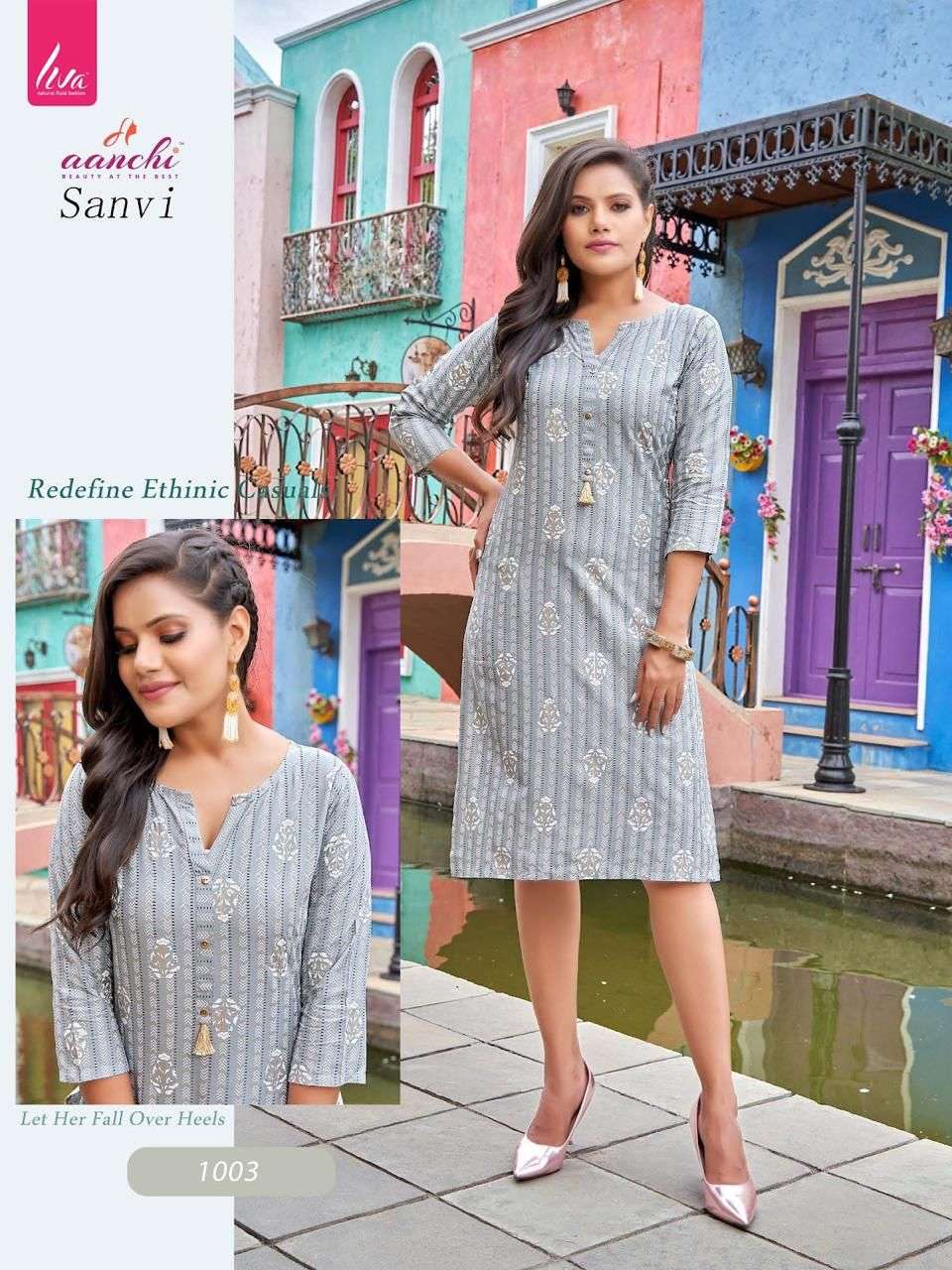 Aanchi Sanvi Liva Rayon Printed Knee Length Top Stright Kurtis On Wholesale