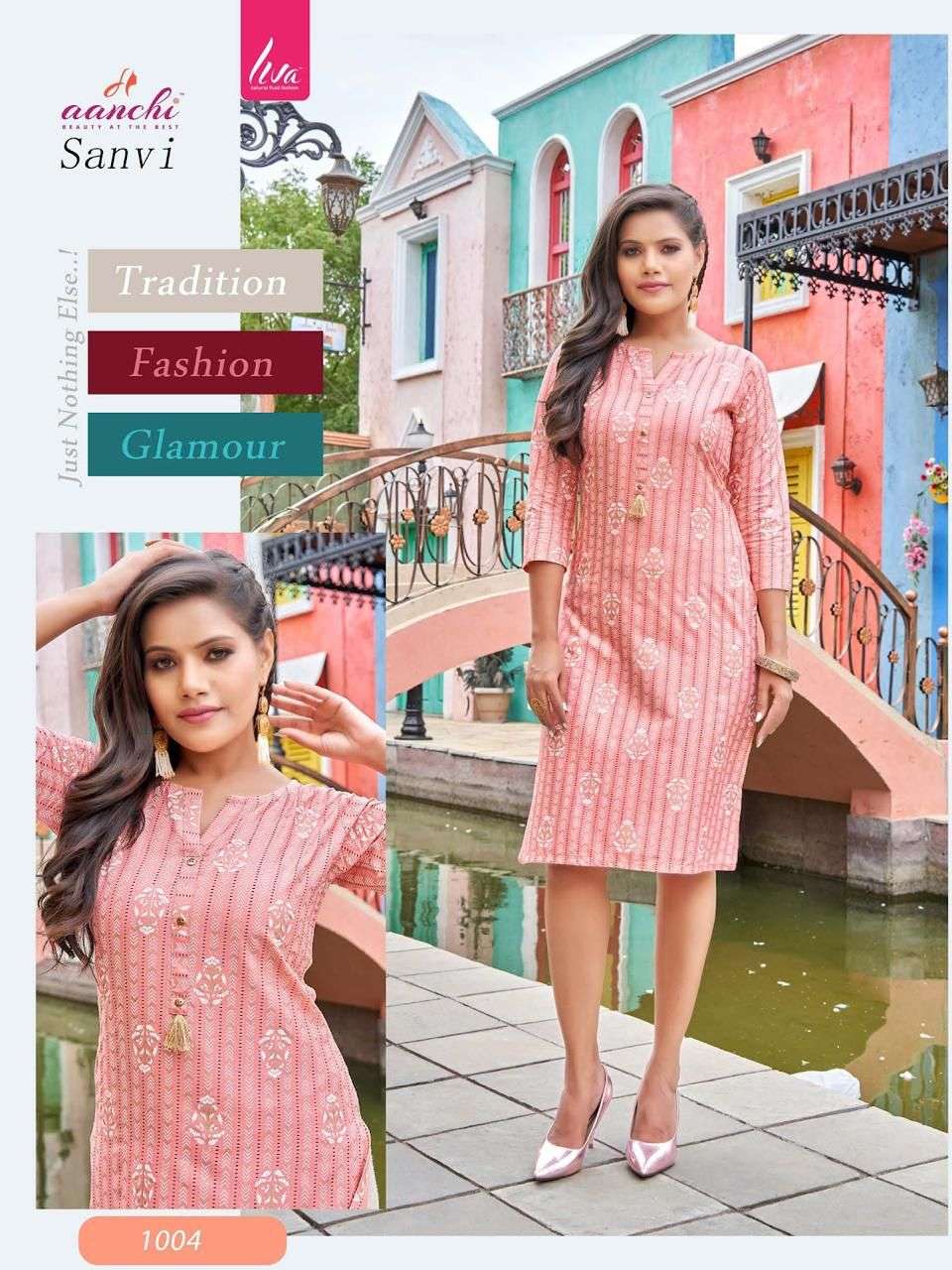 Aanchi Sanvi Liva Rayon Printed Knee Length Top Stright Kurtis On Wholesale