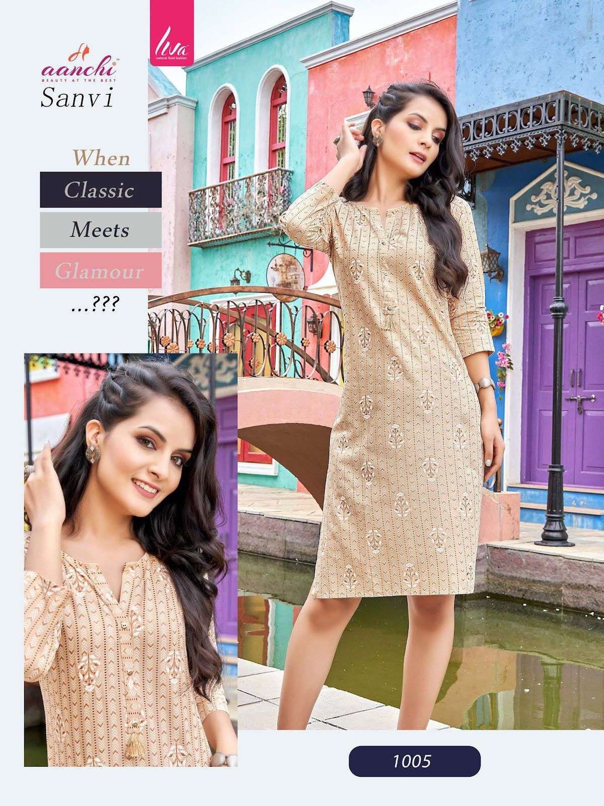 Aanchi Sanvi Liva Rayon Printed Knee Length Top Stright Kurtis On Wholesale