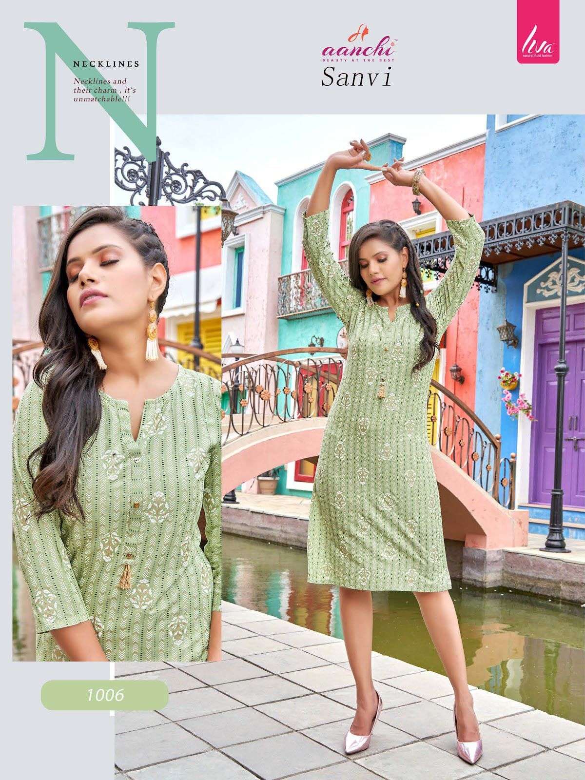 Aanchi Sanvi Liva Rayon Printed Knee Length Top Stright Kurtis On Wholesale