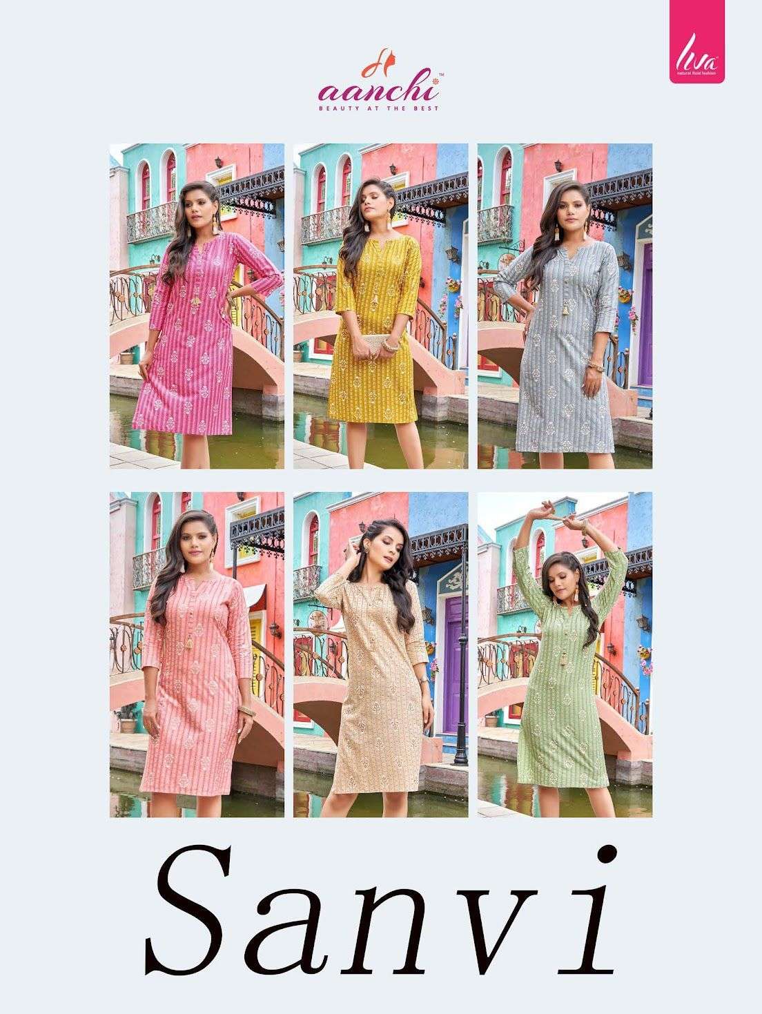Aanchi Sanvi Liva Rayon Printed Knee Length Top Stright Kurtis On Wholesale